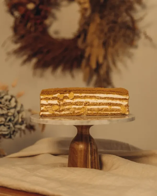 Honey Cake – Half Portion Half of Honey Cake (Medovik) on a stand