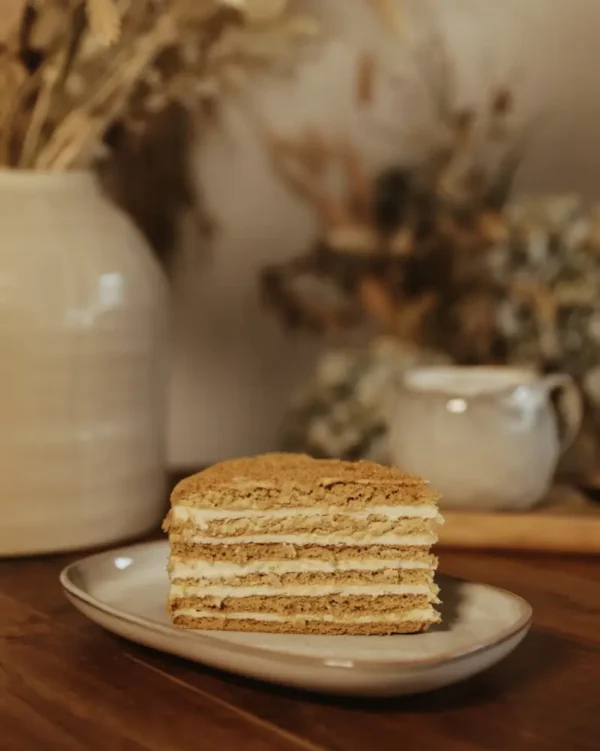Honey Cake Slice – Medovik Slice of Honey Cake (Medovik) on a plate